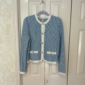 J. Crew Blue and White Tweed Cardigan with Gold Buttons